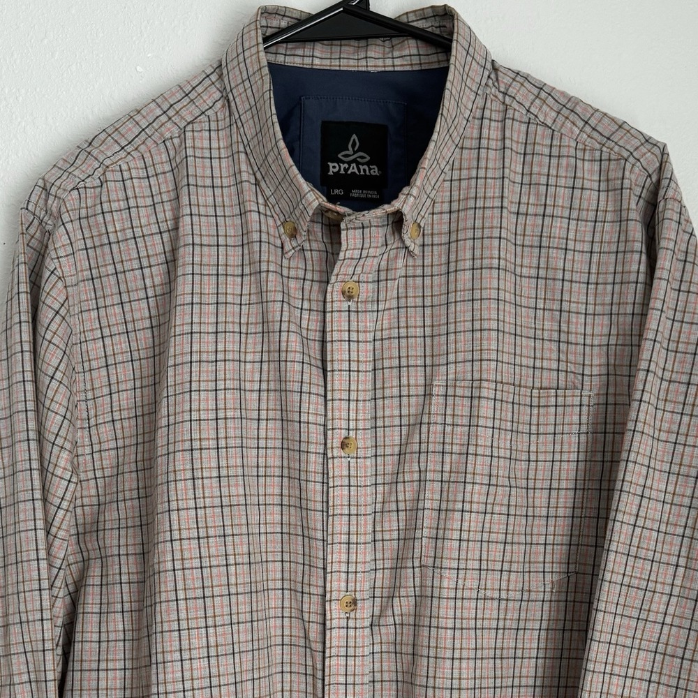 Prana Men's Large Long Sleeve Shirt‎ Plaid Gray Orange Button Up Outdoorsman